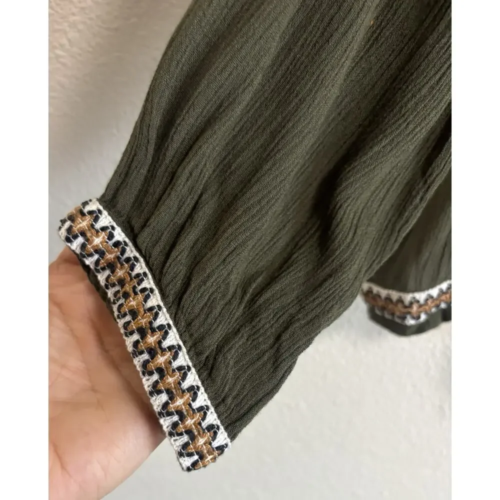 Kimono Cardigan Embroidered Boho Earthy Tassel Gauze Olive Green Tribal Size L